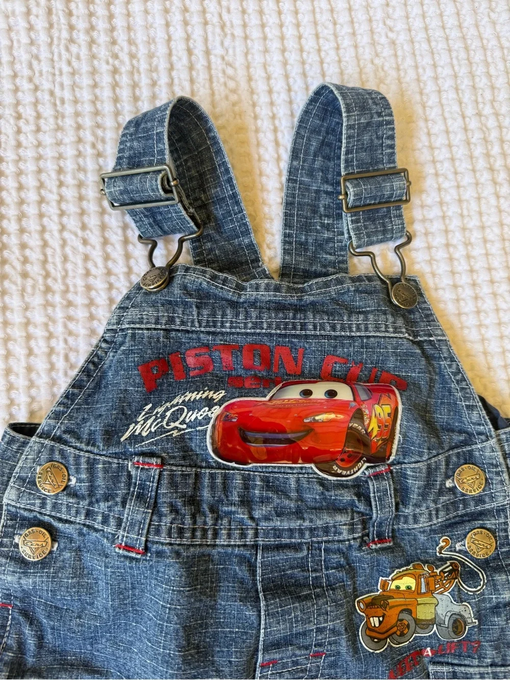 Disney Denim Short Overalls in Blue with Red Trim and Cars Graphics